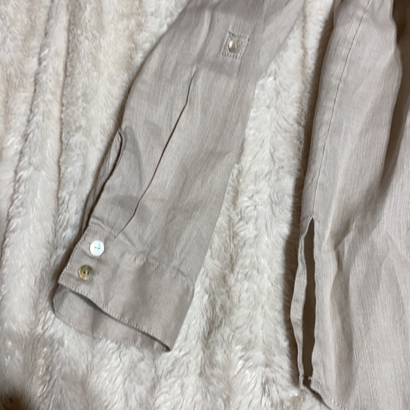 100% linen shirt button up top size large button down tan shirt - Picture 4 of 7